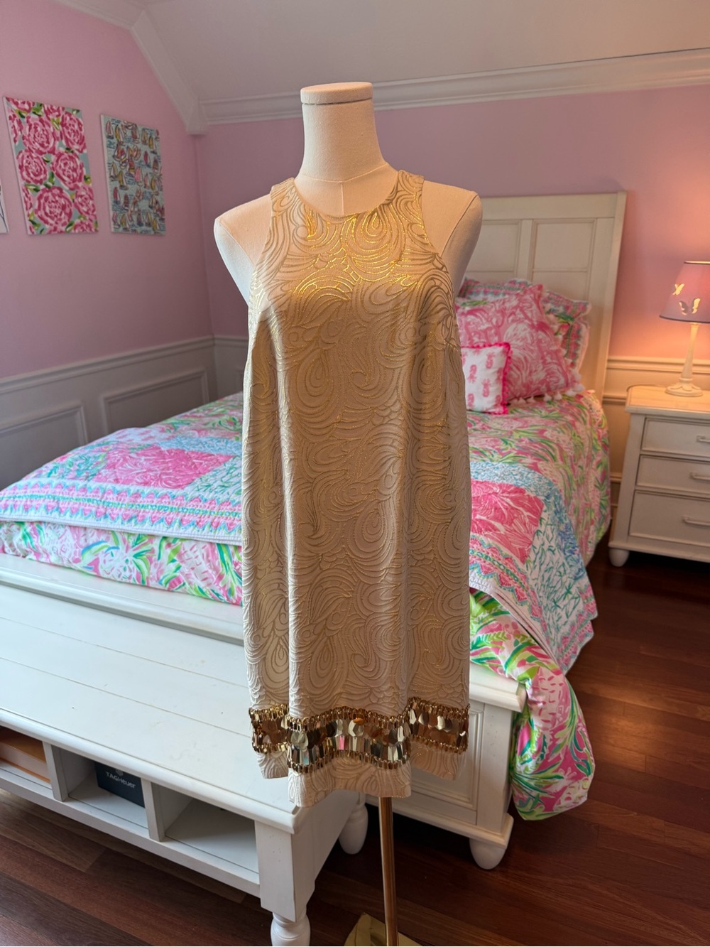 Fabulous Cream & Gold Swirl & Beaded Fringe Shift Dress